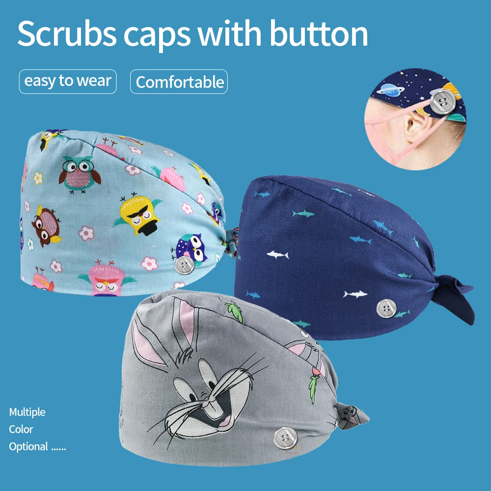 Unisex Surgical Cap Adjustable Strap Surgical Oral Dental Work Cap Cotton Printed Nurse Cap Medical Accessories Scrubs Women Hat