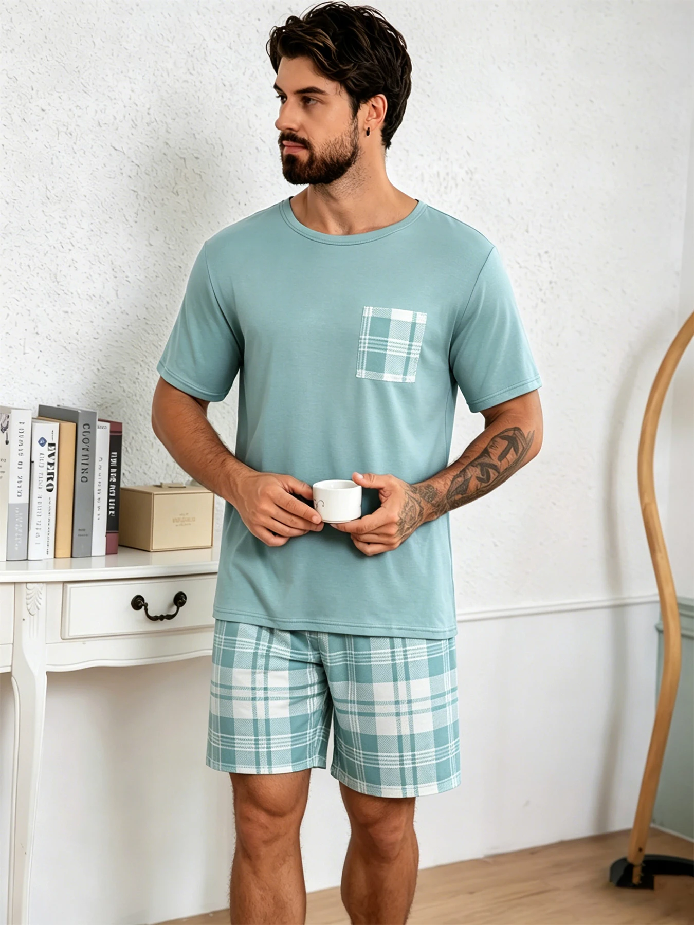 Pyjama-Set mit Buchstaben-Bär-Aufdruck, kurzärmliges Oberteil und lockere Shorts, atmungsaktiver Stoff, große Passform, Herren-Loungewear, Nachtwäsche, Pjs – Detail 14
