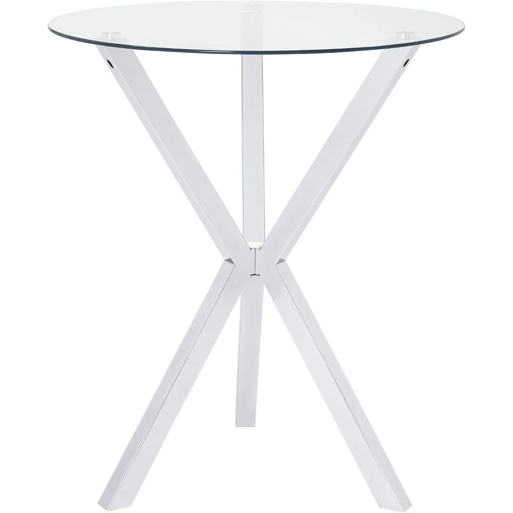 Denali Vidro e Metal Tampo de vidro redondo de 35 polegadas com base em forma de X para sala de jantar e bar doméstico cromado