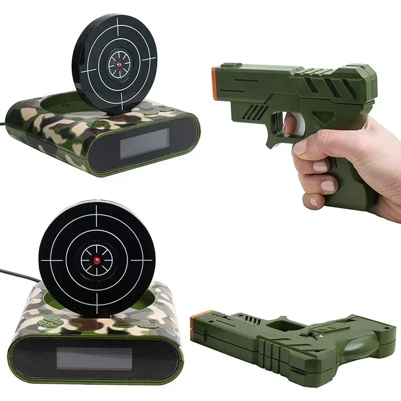 1 Set Gun Alarm Clock Shoot Alarm Clock Recordable Gadget Target Desktop Digital Bedside Table Alarm Clocks Gift