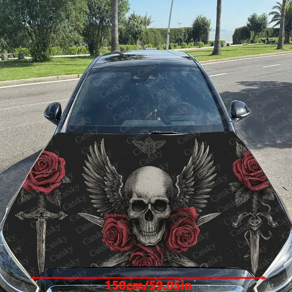 Car Decal Artistic Fusion of Winged Skull, Red Roses and Cross Elements in Dark Gothic Style Car Hood Sticker, Waterproof Self -