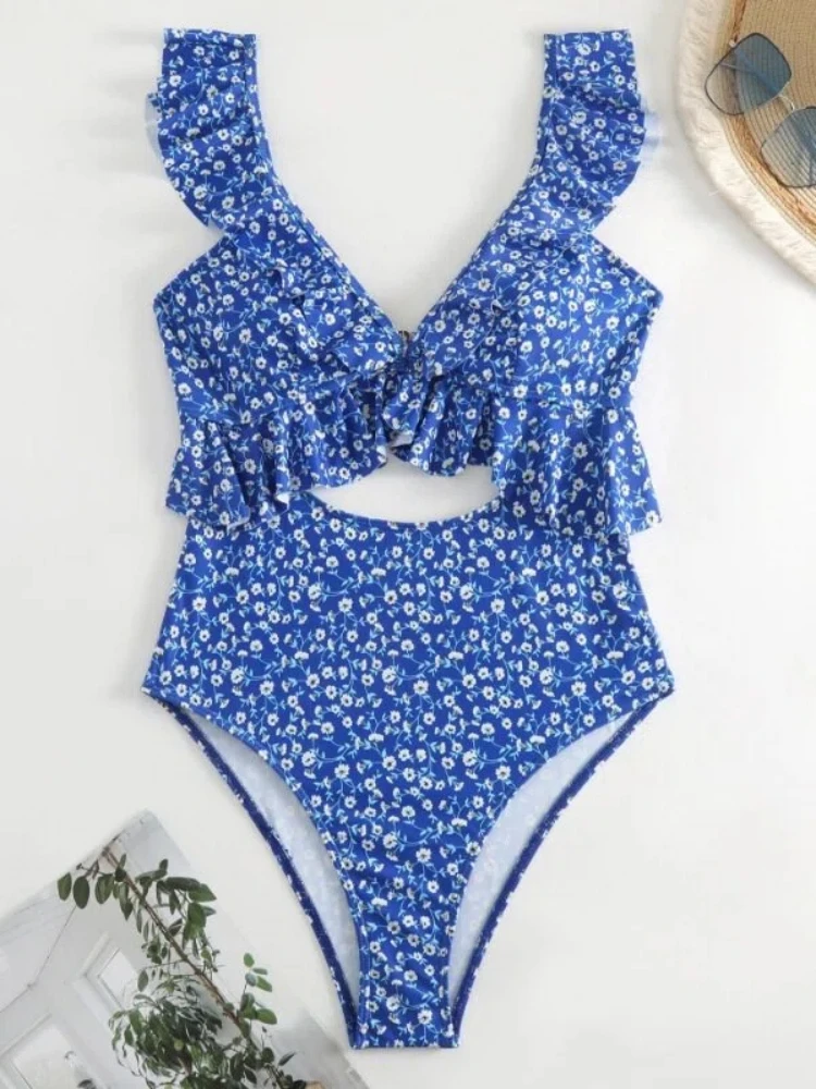 フリル付きワンピース水着 花柄プリント モノキニ 2026 ヴィンテージスタイル水着 ワンピースボディスーツ コルセット風 ホローアウトビキニトップ