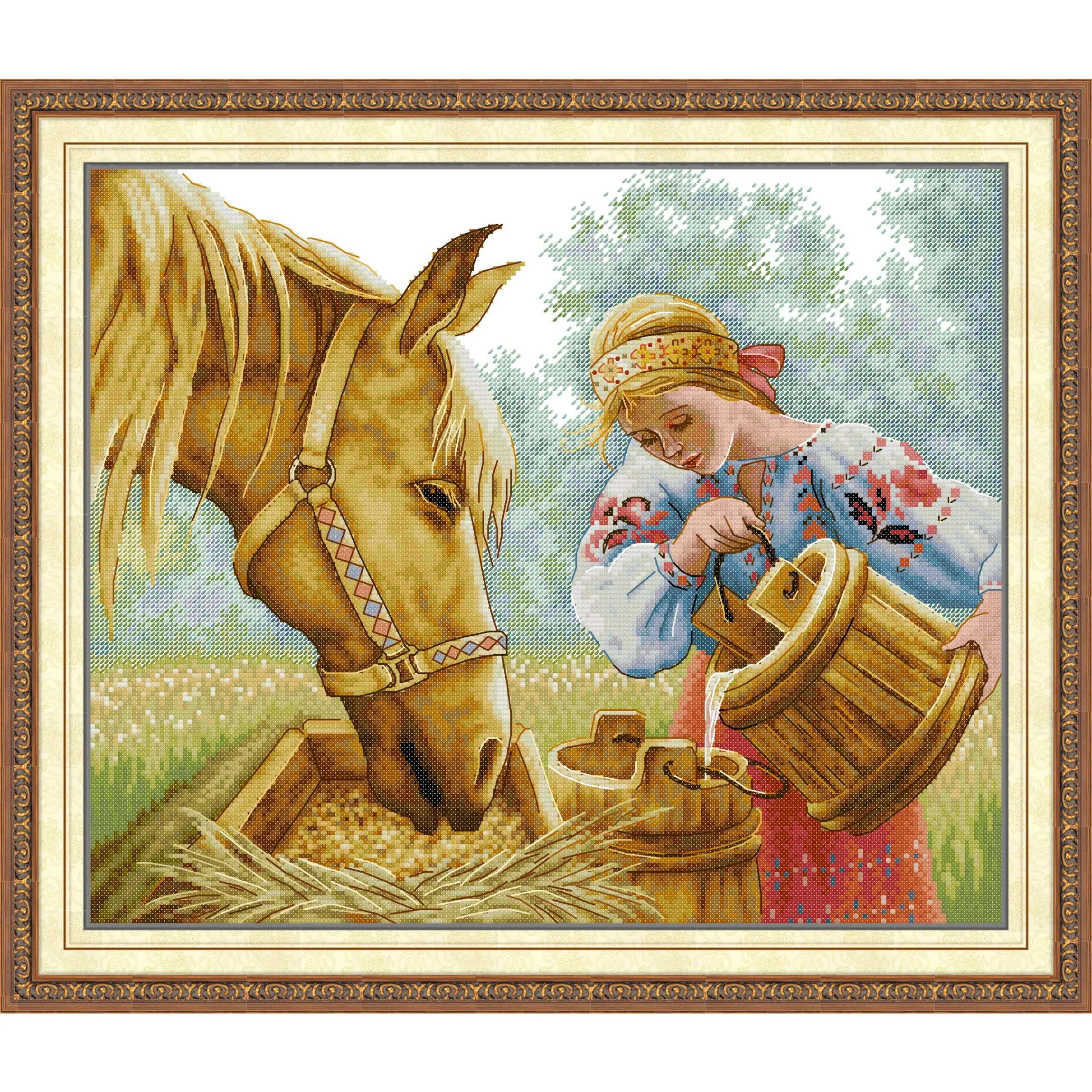 

Soulgift News Pre-Printed Cross Stitch Kit, Stamped Aida Fabric with DMC Threads, Embroidery Kit - Maiden Feeding Horses