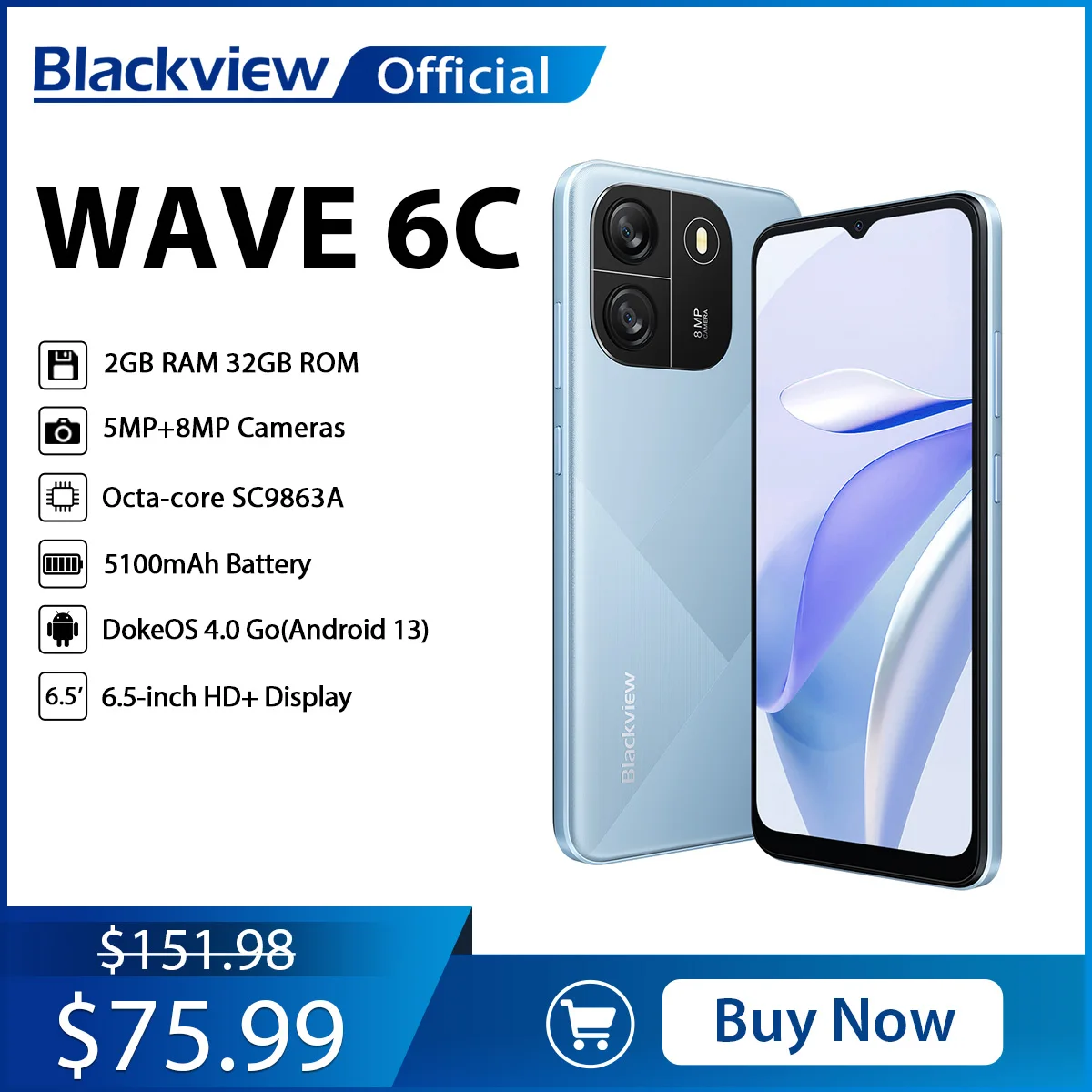 blackview wave 6c smartphone android 13 65 hd display octa core 5100mah bateria 2gb 32gb camera de 8mp celular 01