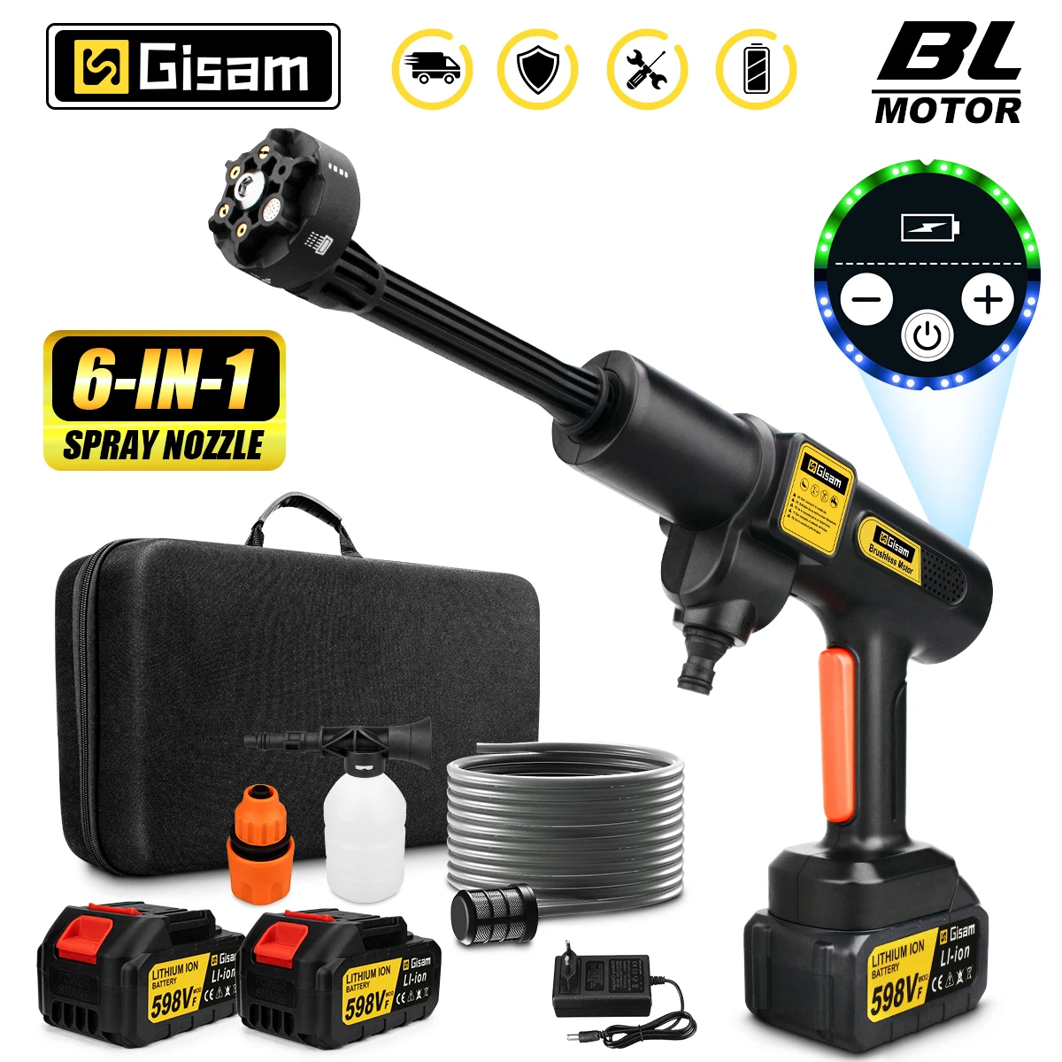 Gisam 200BAR 6-in-1 Brushless Cordless High Pressure Car Washer Rechargeable Lithium Battery Car Cleaning Washer Spray Water Gun