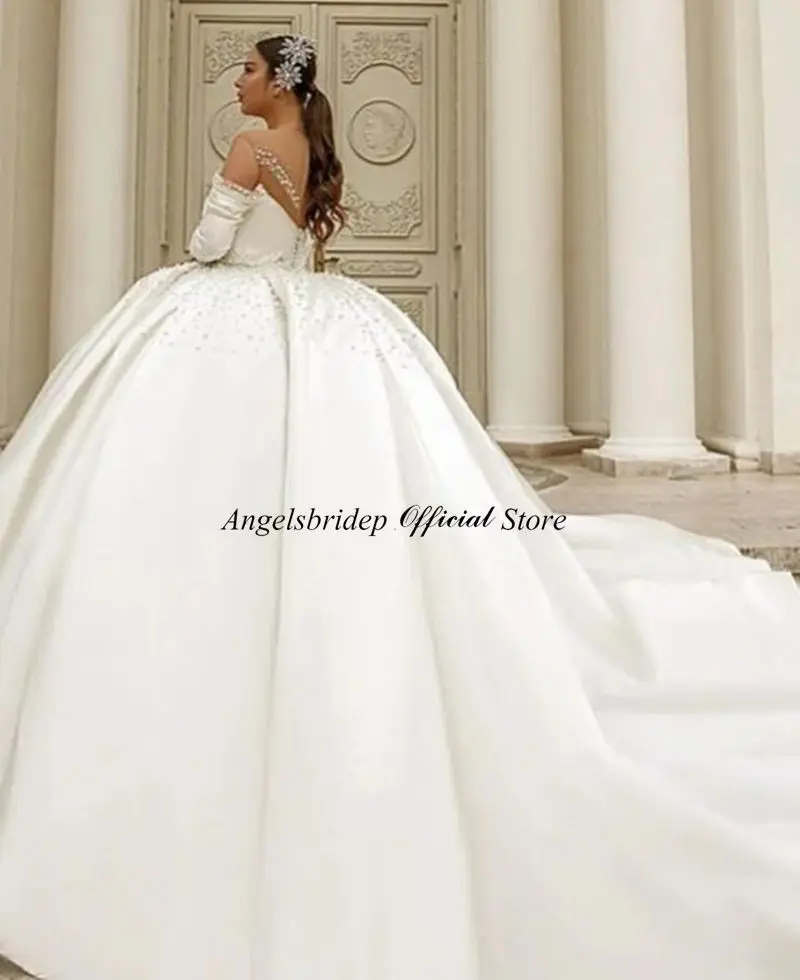 Angelsbridep Ball Gown Wedding Dresses Scoop Neck Bride Dress Long Sleeves Satin Vestidos De Novia Dubai African Robe De Mariée