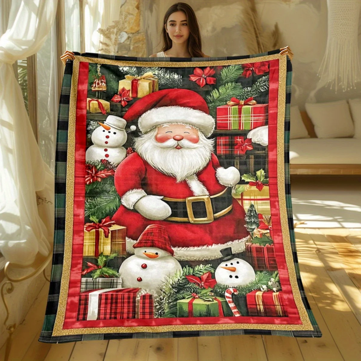 Santa Claus snowman gift box Christmas tree holiday scene blanket festive winter flannel throw  for holiday season decoration