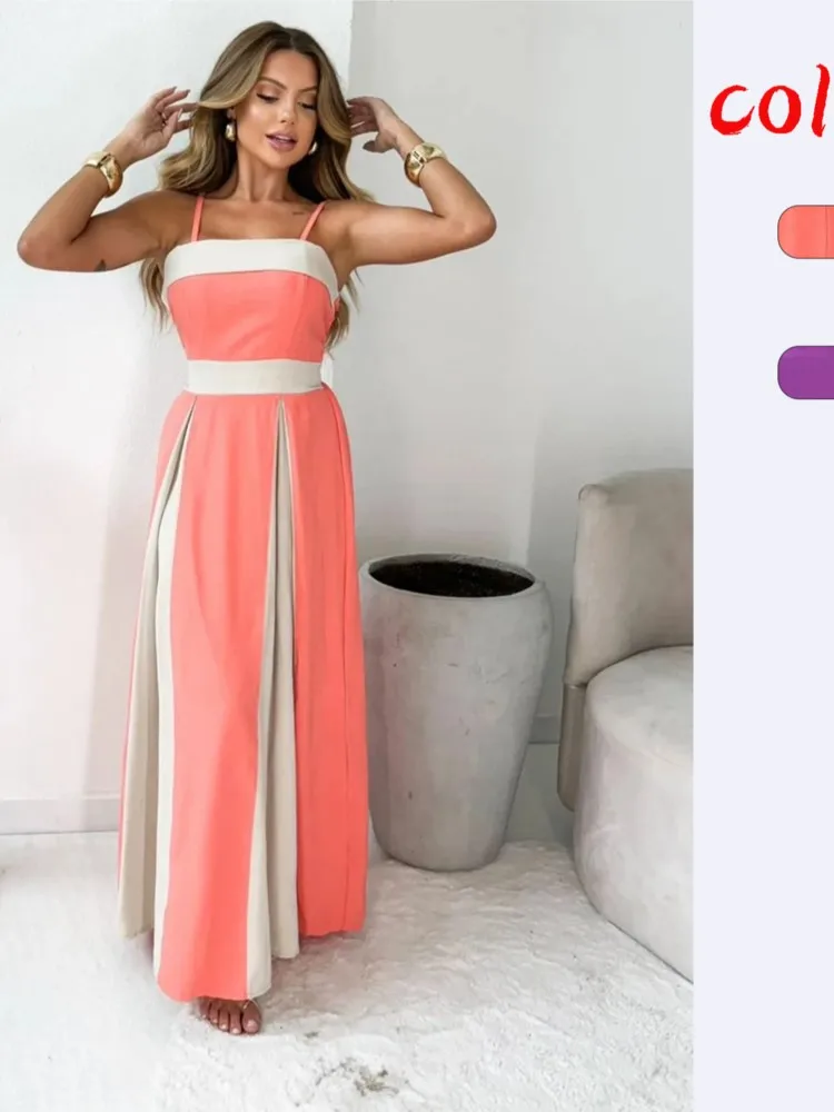 

Women's Contrasting Colors Spaghetti Strap Long Dress Elegant Fashion High Waist Leace-up Dresses Sexy Backless Vacation Vestido