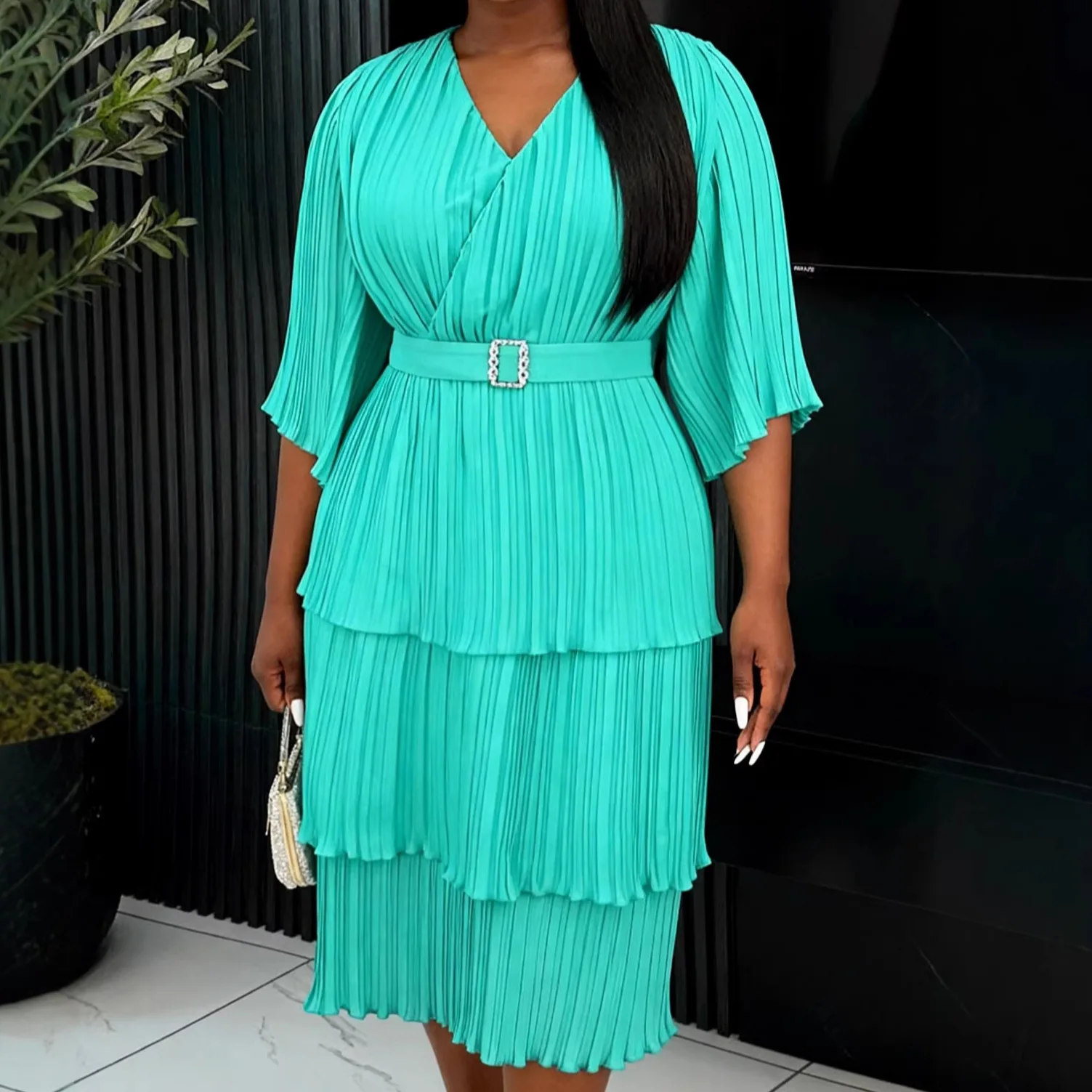 

Africa Clothing Elegant Ankara Dress Women for Wedding Party Summer Fashion 3/4 Sleeve V-neck Polyester Pleated Midi Dresses