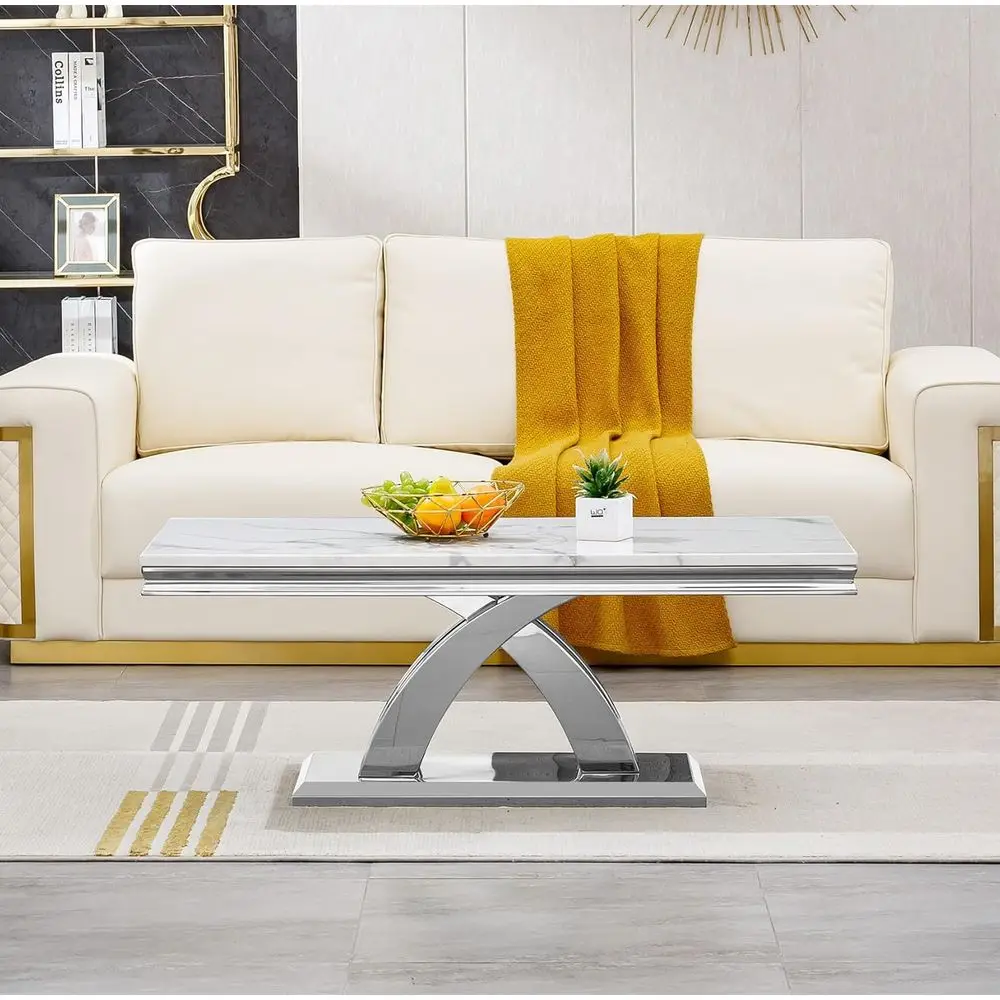 

Modern Silver Mirrored Stainless Steel Base Coffee Table with Rectangular Marble Top for Home or Office
