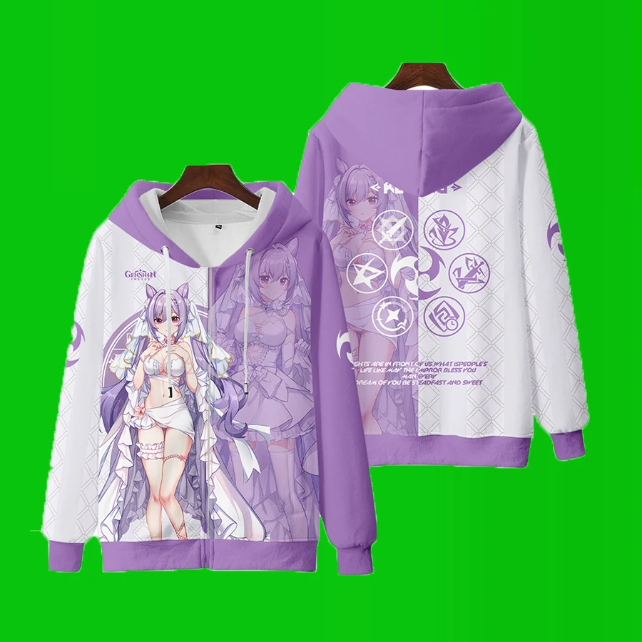 Gra Genshin wpływ Keqing 3D drukuj Zip Up kobiety/mężczyźni bluza z kapturem Streetwear Hip Hop Ke Qing Cosplay Zioper kurtka z kapturem