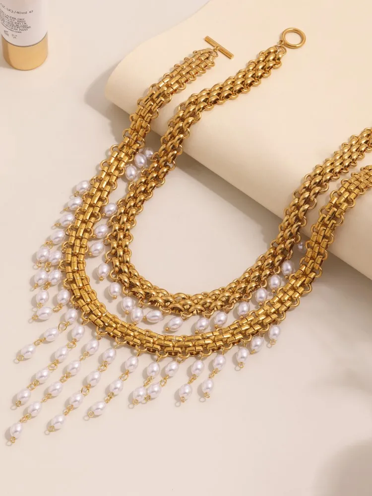 Stainless Steel Crawler Necklace Bracelet For Women 18k Gold Plated Imitation Pearl Tassel Charm Women's Necklaces Bracelets Set