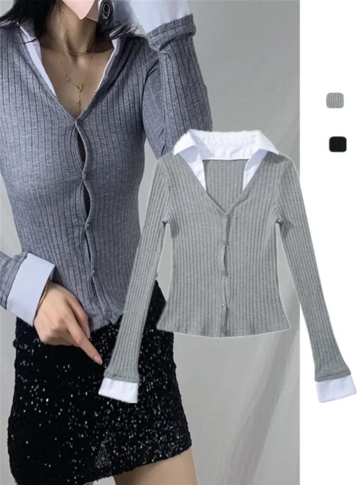 

American Retro Knitted ort Cardigan Stand Collar Slimming Splice Color Blo Street Sle Long Sve Women's Faion Top