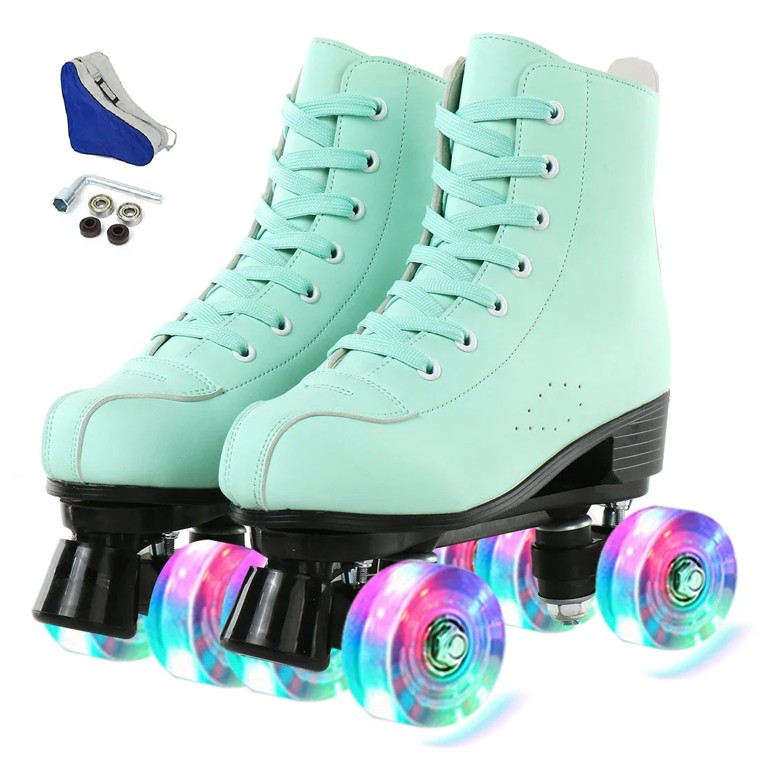 Adult PU Leather Roller Skates Skating Shoes, Quad Skates Sneakers, Europe Size, 4 Wheels Flash