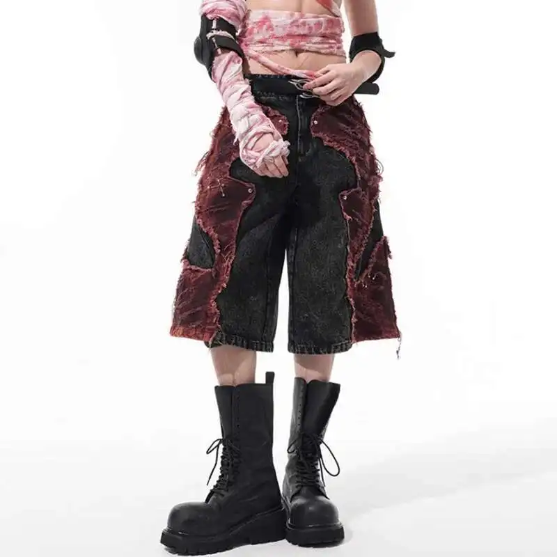 Luzhen 2025 novo original high street retalhos design jeans masculino elegante cor contraste em linha reta denim calças de cinco pontas jy1129