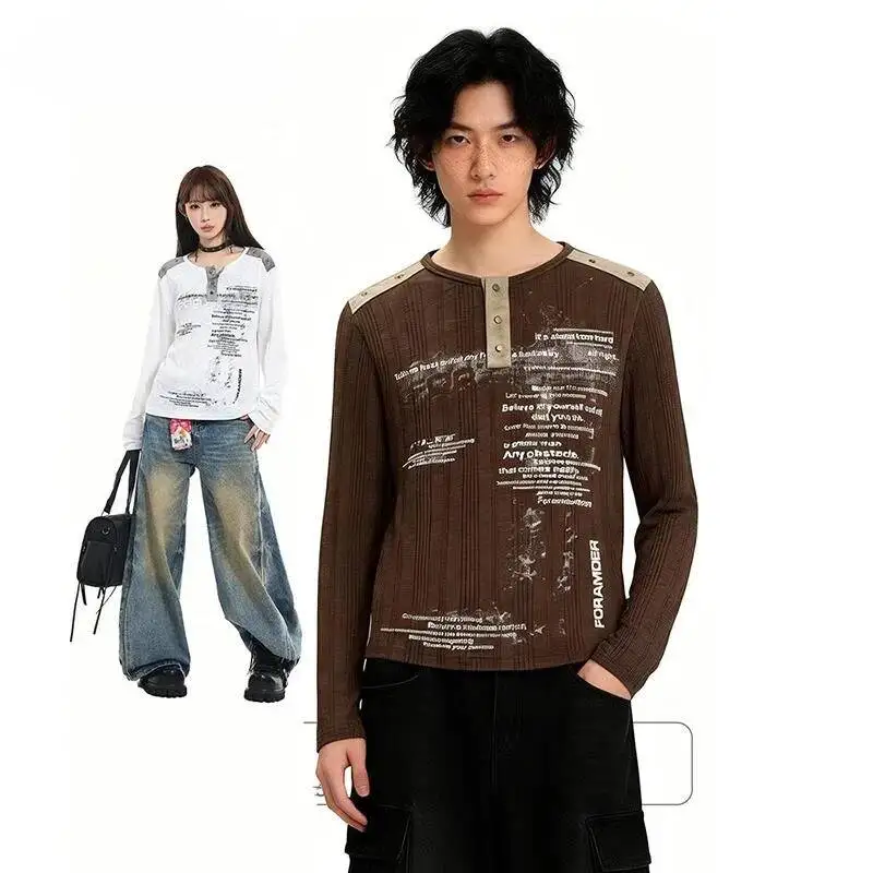 Men's American Style Long-sleeve Knitting T-shirt Unisex Slim-fit Letter-printting Vintage Round Collar Pullover Top 9R1E4