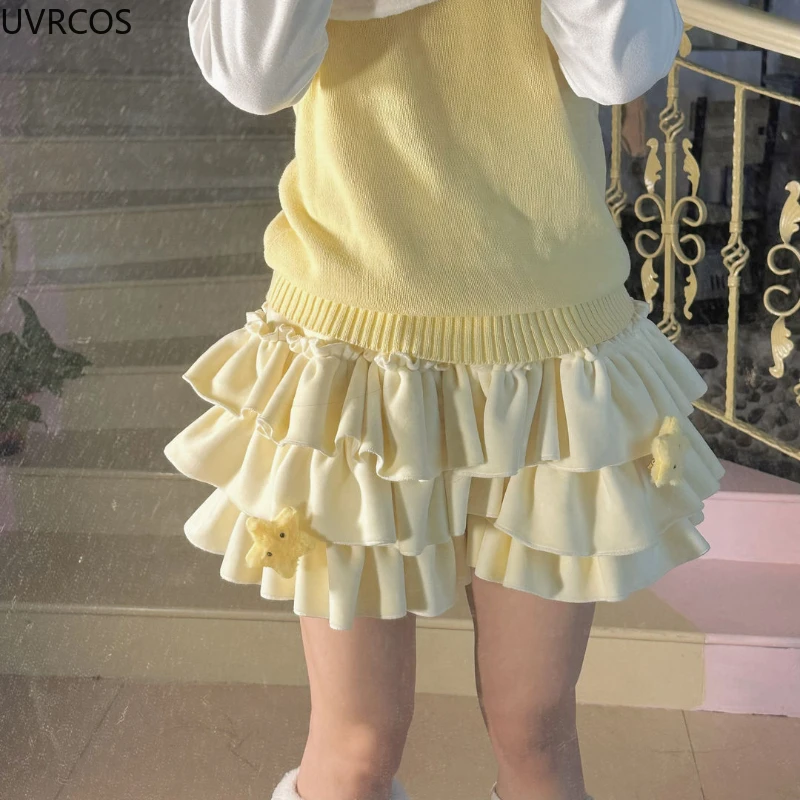 Japanese Kawaii Lolita Style Cake Shorts Skirts Women Ruffle Soft Plush Warm Pumpkin Pants Autumn Winter Cute Safety Short Pants