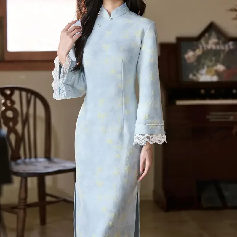 

Sexy Lace Floral Improved Qipao Chinese Traditional Dress Woman Autumn Evening Party Vestidos Chesongam Modern Qipao Dress