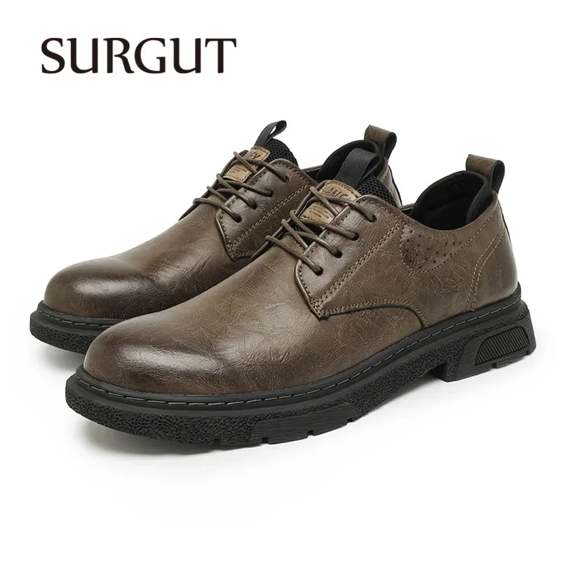 SURGUT Leather Vintage Larger Size Men Casual Shoes Top Luxury Dermis Quality Men Leather Shoes Brogue Retro Bussiness Shoes Man