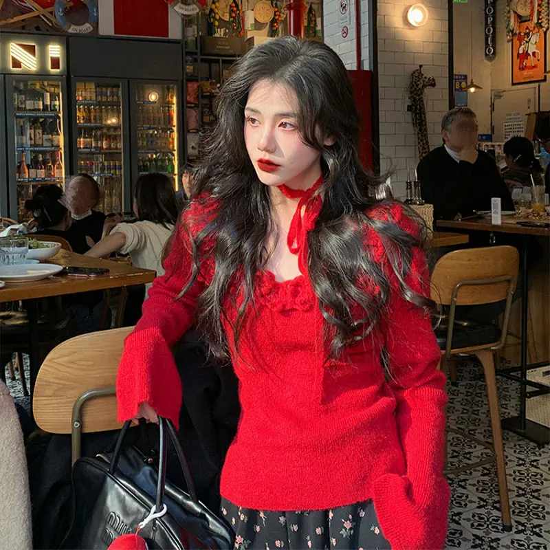 

Red Knitted Sweater Women's Base Layer Lazy Sle Forlions For Lions Commute Sle Regular Fit Long Sve Crew Ne