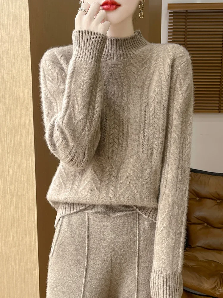 

Women's Pure Wool Knitted Sweater Pattern Half Turtleneck Thickened Top Pullover Casual Fashionable 2025 Autumn/Winter