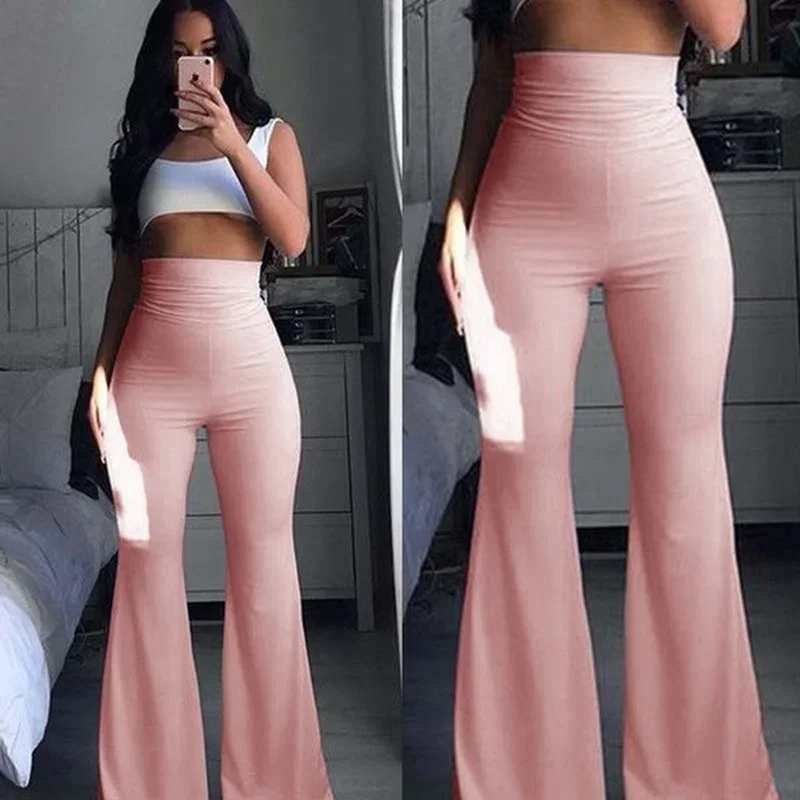 Estate 2023 donna moda donna pantaloni Hippie vita alta pantaloni a campana donna Stretch Flare pantaloni Office Lady Solid Pink Pants