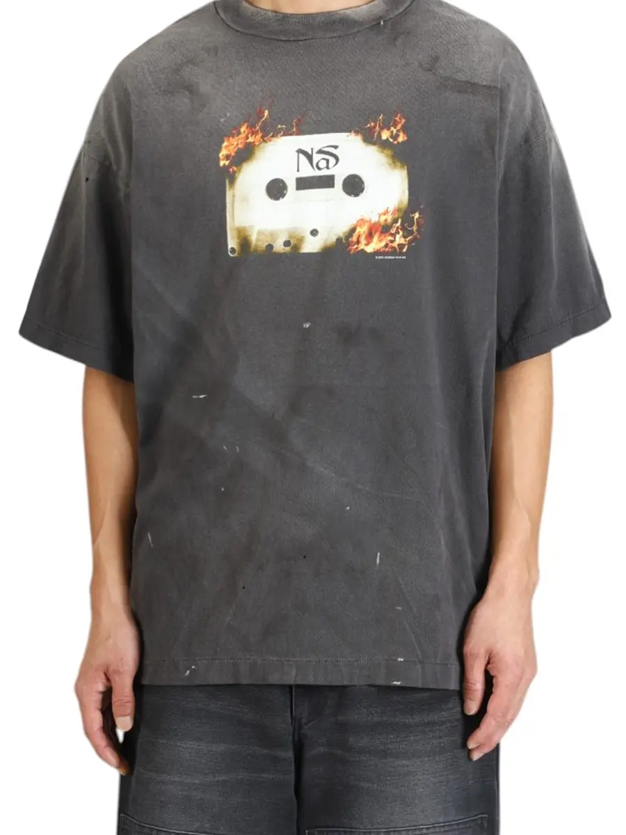 

American Street Saint Nas Collaborative Flame Tape Radio Washed Short Sleeve T-Shirt Retro Style round Neck Men's Top