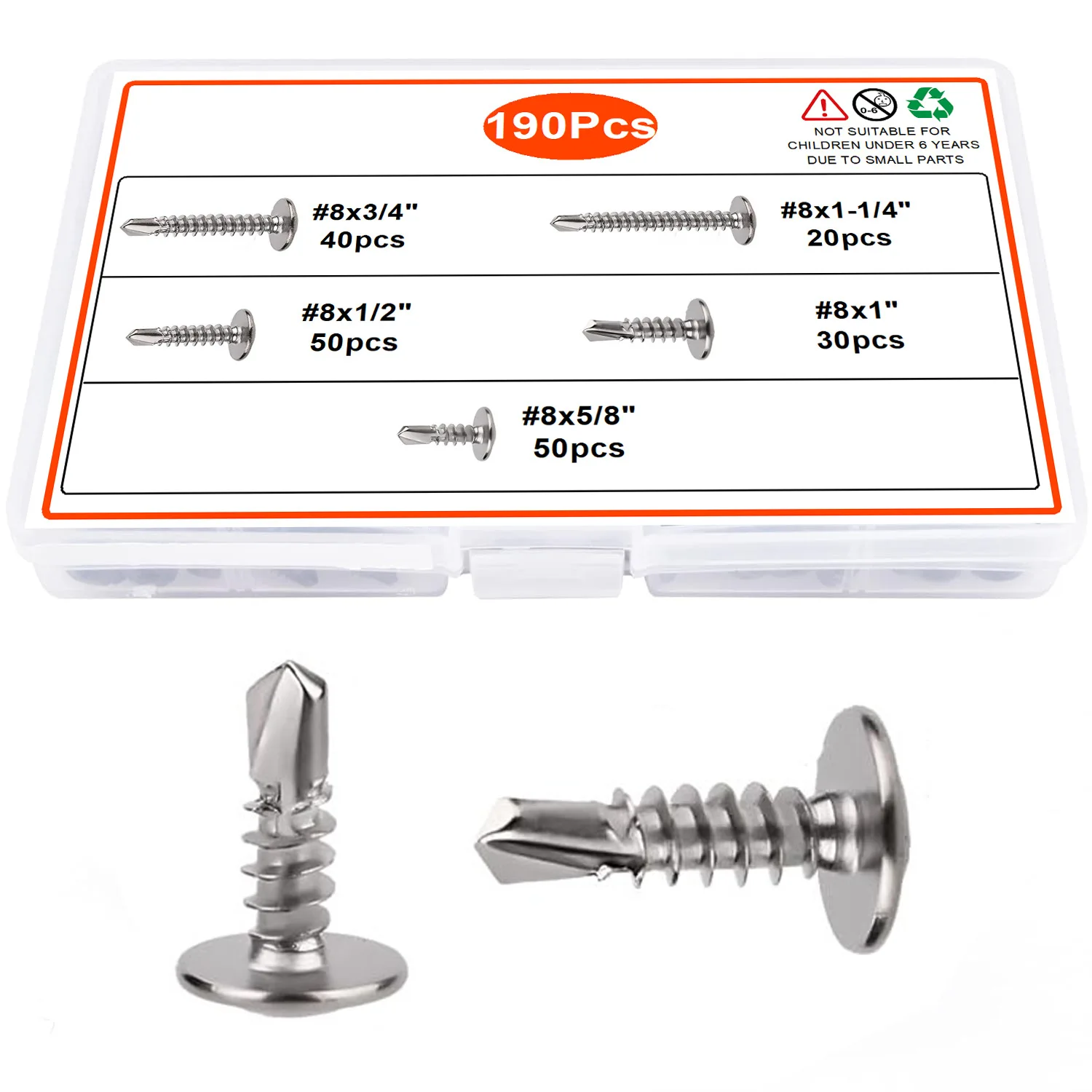 190pcs 410 Stainless Steel #8 M4.2Truss Head Self-Tapping Screws Assortment Kit Self Drilling Screw for Sheet Metal Wood plastic
