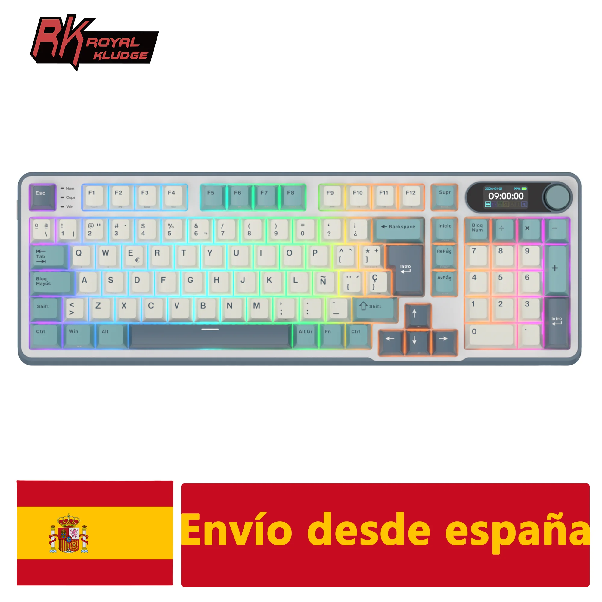 Teclado Mecánico Inalámbrico ROYAL KLUDGER S98 Español con Pantalla TFT Superior, 98 Teclas RGB, Intercambiable en Caliente, Tri-modo, para Gamers
