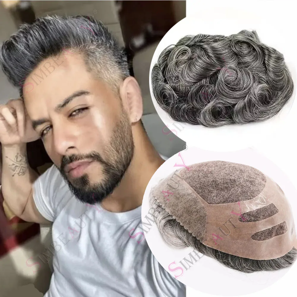 

Super Durable NPU Bond Human Hair Mens New Toupee Fine Mono Base&PU Gray 1b40 Prosthesi Natural Hairline Replacement System Unit