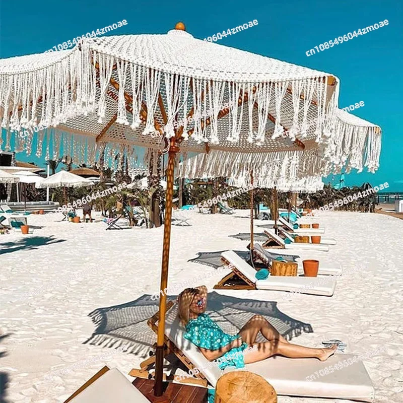 Bali Outdoor Wooden Pole, Patio Sun Parasol Hand-tied Cotton Woven Macrame Fringe Canopy Beach Umbrellas With Tassel For Garden/