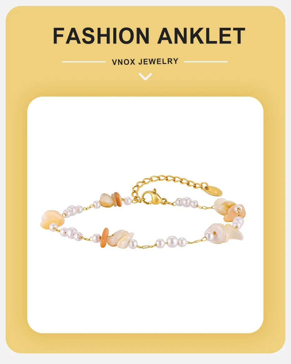 Vnox Boho Unregelmäßige Muschel-Halskette und Fußkette für Frauen, Edelstahl, vergoldet, mit Imitationsperlen, Schlüsselbeinkette, Strand-Schmuck – Detail 7