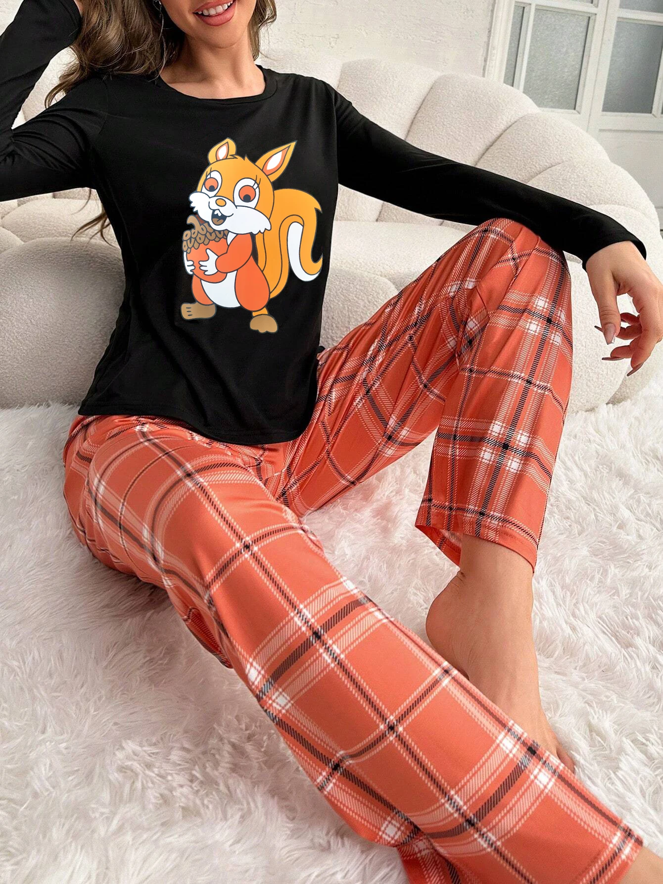 Women Pajama Set  Cut Cartoon Squirrel Print Long Sleeves Round Neck Plaid Pants Sleepwear Set Autumn Homewear Set Causal