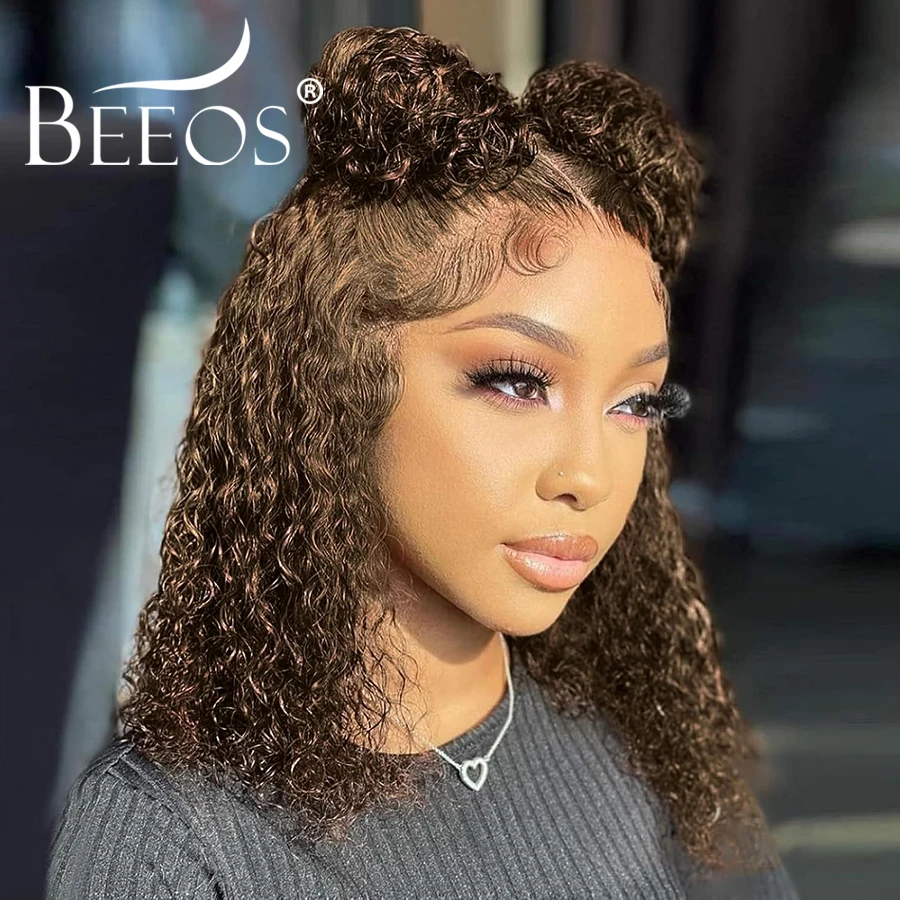 باروكات أمامية كاملة بدانتيل أمامي مقاس 13 × 6 عالي الدقة # 4 باروكات قصيرة مموجة بالماء بني شوكولاتة، باروكات مجعدة، شعر بشري منتفخ مسبقًا بنسبة 100%