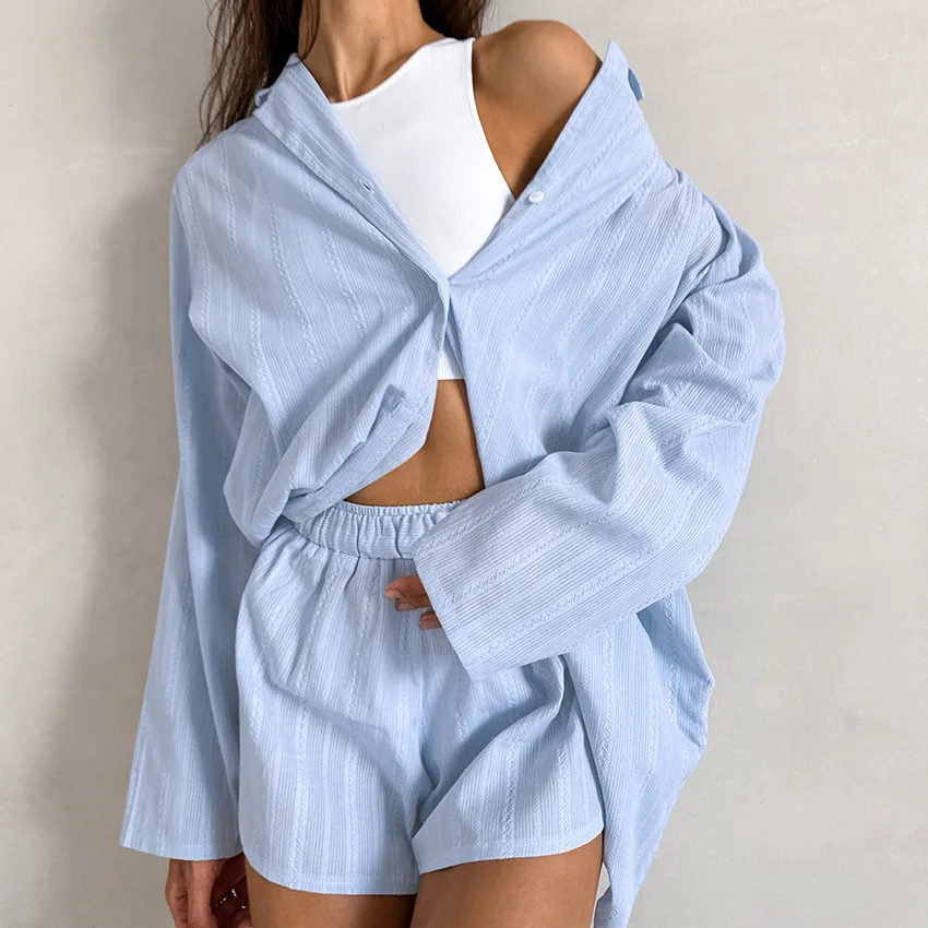 Women's Suit Comfortable White Cotton Loungewear Striped New In Women's Sleepwear Loose Casual Long Sleeved Shorts Two-Piece Set - Image 6