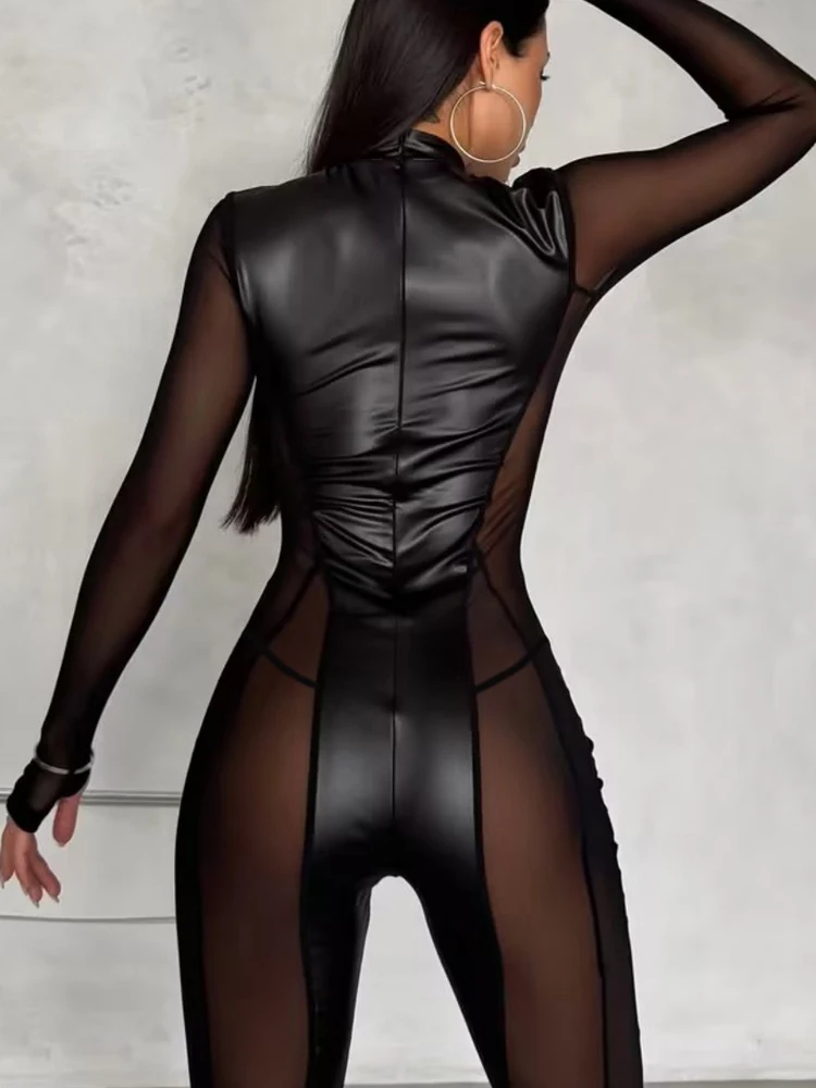 Fashion Spliced Mesh Back Zipper Long Sleeve Shapewear Jumpsuit Women Night Club Party Bodycon Outfit Slim Tight Clubwear view 2