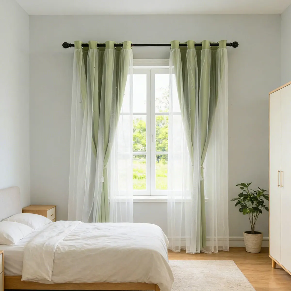 Matcha Green Star Cutout Double Layer Grommet Medium Shading Curtain Panels, Dreamy Decor Drapes for Household Windows