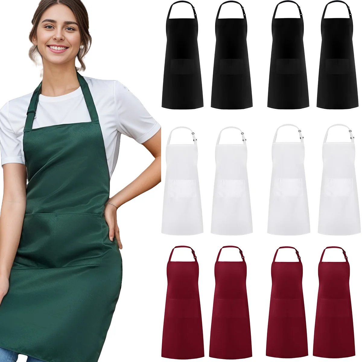 

2-piece set; Simple solid color apron with 2 pockets; Adjustable chef's apron for the kitchen suitable for men and women
