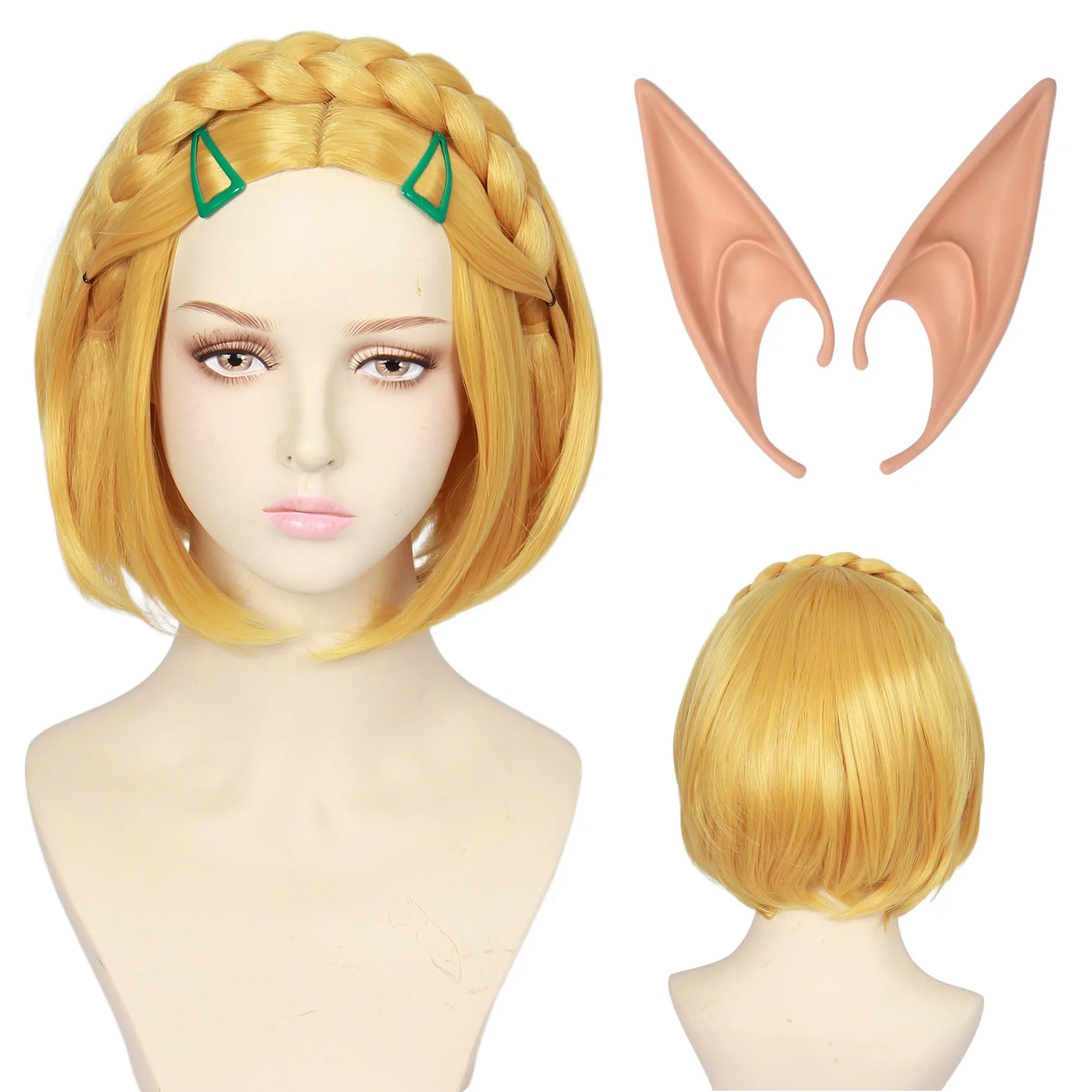 Tzncos Anime Zelda Cosplay Wig Blonde Bob Braids Princess Wig With Elf Ears