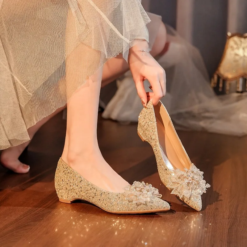 

Luxury Women Wedding Shoe Fashion Bling Pointed Tip Casual Shoes for Woman Elegant French Low Heels Designer Shoes Zapatos Mujer