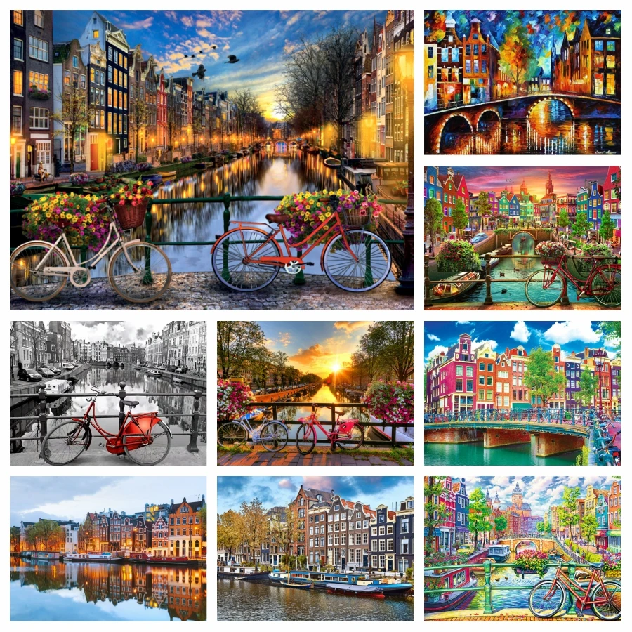 Netherlands Amsterdam Bicycle Sunset Cityscape 5d Full Diamond Painting Art Classical Bridge Canal Scenery Cross Stitch Decor