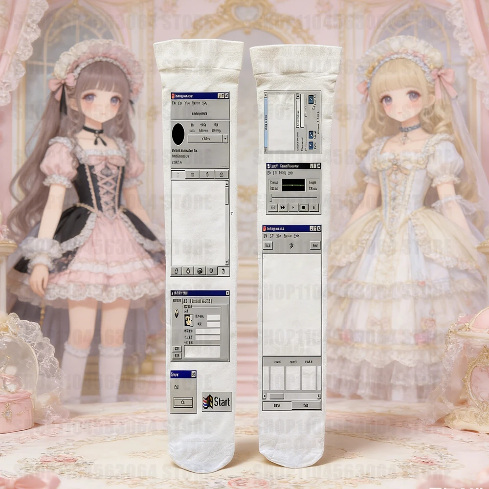 Y2K style white cartoon printed knee high socks Harajuku fashion casual role-playing cute socks Kawaii 2000s Emo girls essential