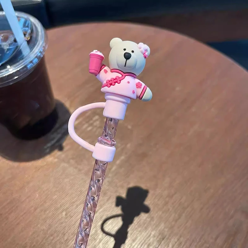 Cute Bear Straw With Dust Cover Cap Silicone Kawaii Cat Claw Straw Stoppers For Tumbler Pink Straws Tip Cover Protector 7mm