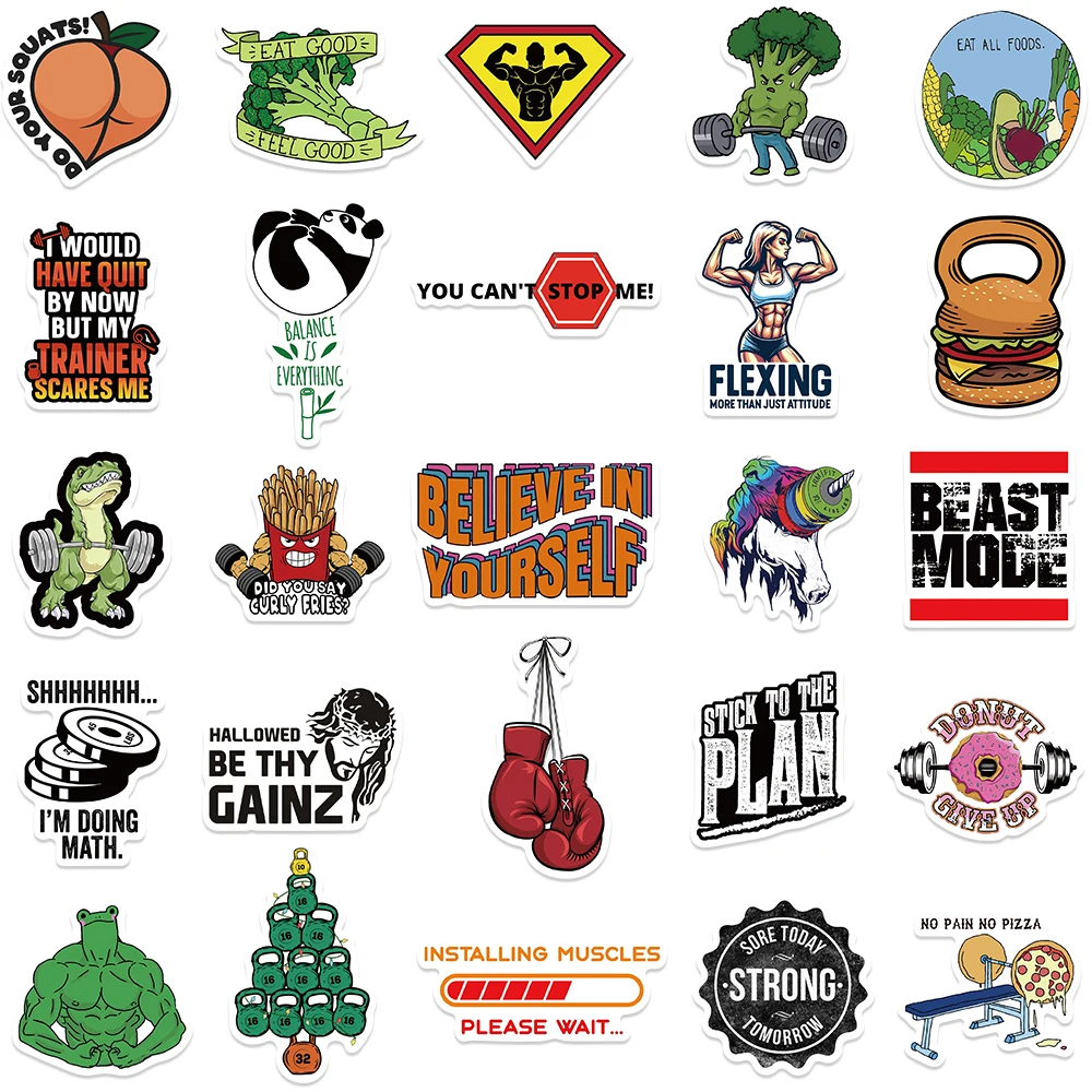 50pcs Funny Cartoon Sports Gym Fitness Stickers Motivational Sticker For Luggage Laptop Guitar Waterproof Vinyl Phone Decals