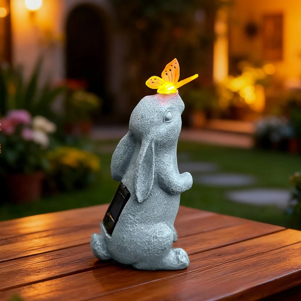 Resin Art Grey Rabbit Solar Garden Lamp LED Warm Lighting Automatic Dusk Sensor for Yard Patio Pathway Outdoor Decor IP44