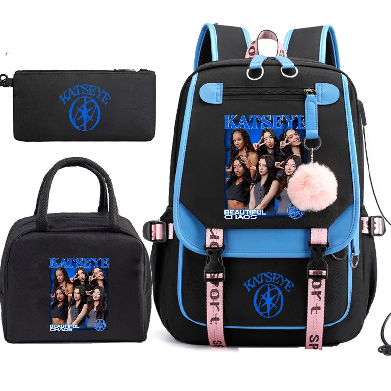 Katseye Korean girl group printed three piece backpack set, color blocking reduces burden campus student backpack can be shipped