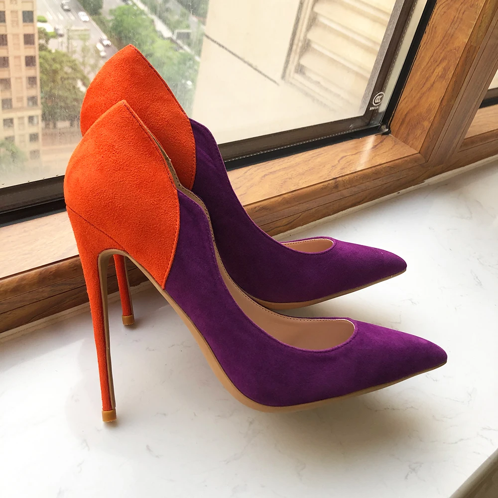 Tikicup Purple Flock Women Elegant Pointy Toe High Heel Shoes V Side Cut Sexy Stiletto Pumps Party Dress Customizable 12/10/8cm