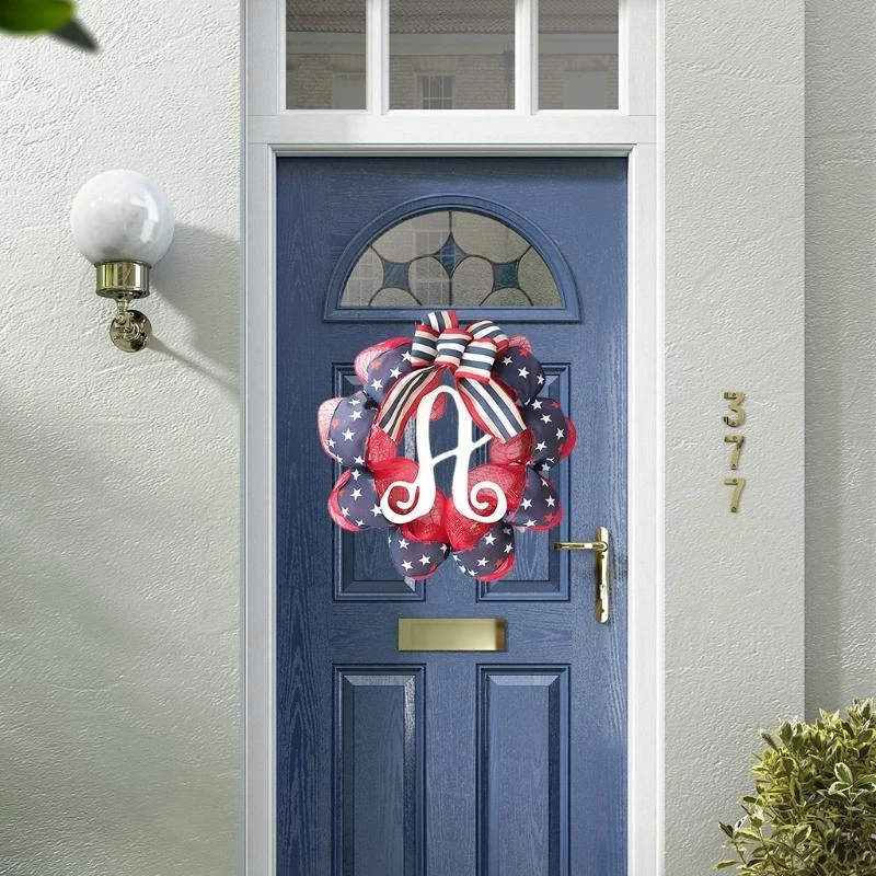 

Independence Day Wreath America Flag Net Yarn Garland Patriotic Veterans Day Wreath for Front Door Wall Ornaments 4th of 15UB