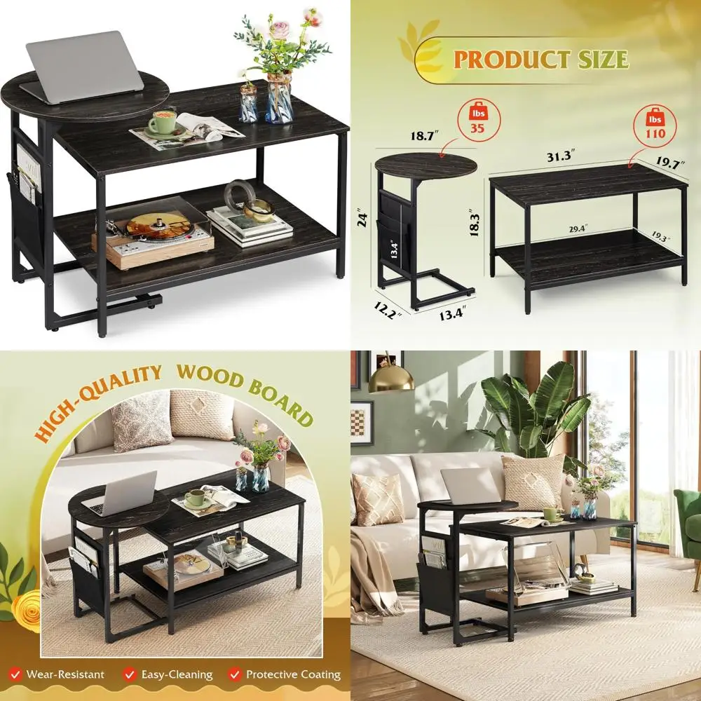 

Modern Living Room Coffee Tables Set, 31.3 and 18.7 Small Center and Side Tables with Storage for Contemporary Home Decor