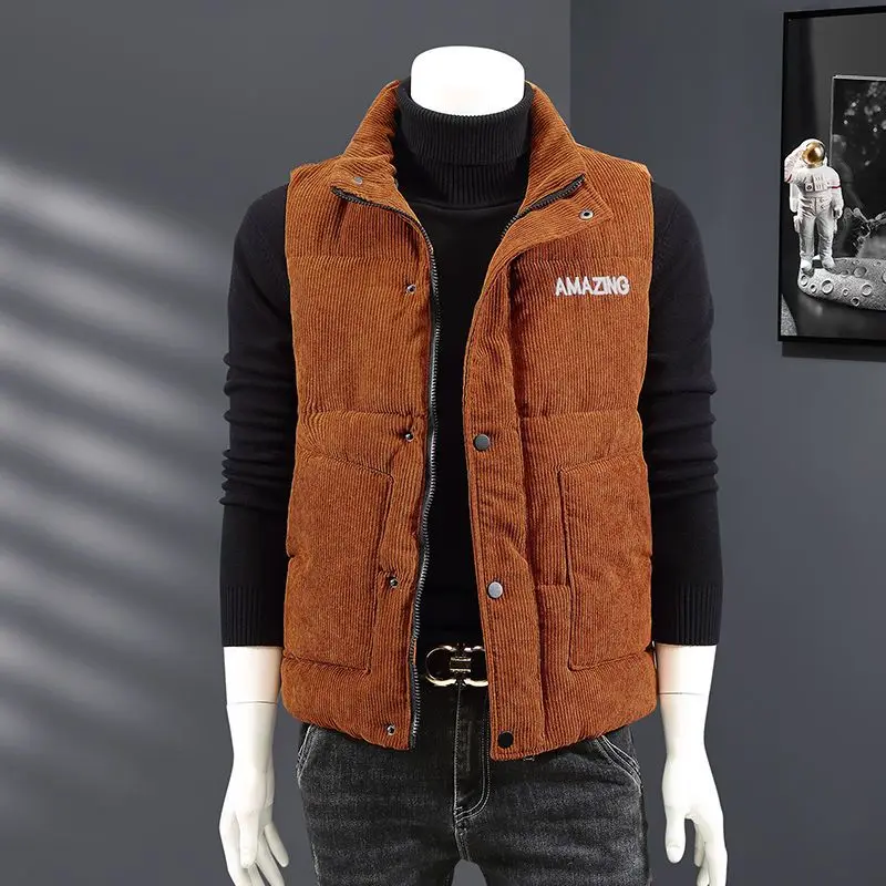 New Retro Men's Vests Waistcoat Corduroy Jacket Sleeveless Cardigan Korean Fashion Autumn Winter Coats Stand Collar Embroidery